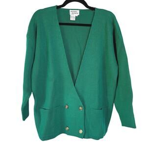 Vintage 80s Kelly Green Cardigan Sweater Double Breasted Knit Grandpa Small